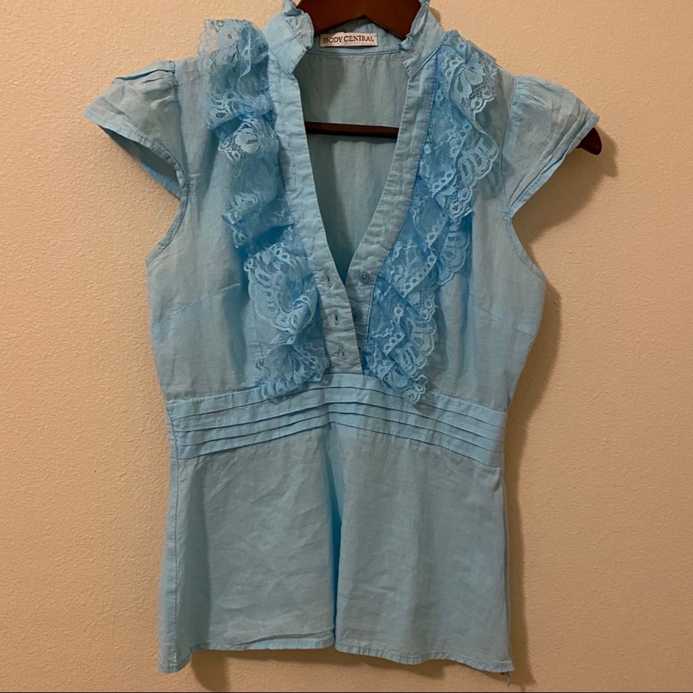 Body central ruffle top blouse shirt blue